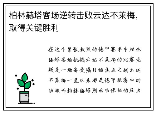 柏林赫塔客场逆转击败云达不莱梅，取得关键胜利